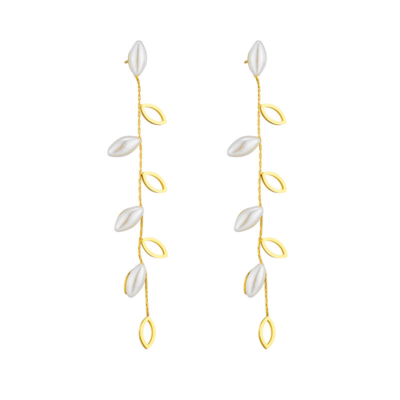 Korean style, fashionable, elegant, simple and luxurious pearl hollowed-out willow leaf long dangling earrings