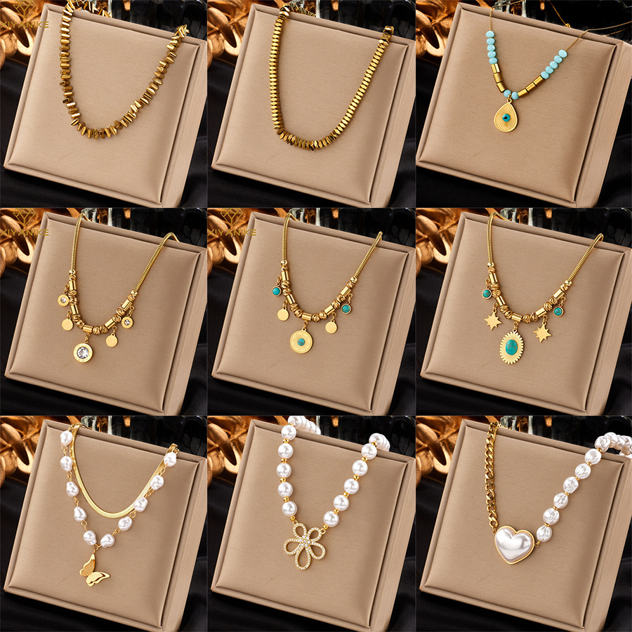 Fashionable, niche, creative design, retro ethnic style, pearl butterfly heart, rhinestone flower, eight-pointed star pendant necklace