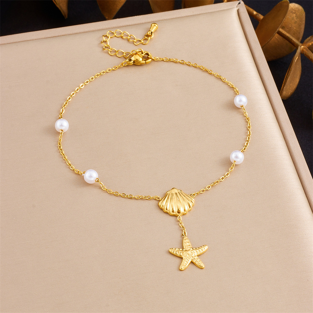 Korean style fashionable double-layer chain diamond-encrusted cherry starfish flower star moon pendant stainless steel anklet for women