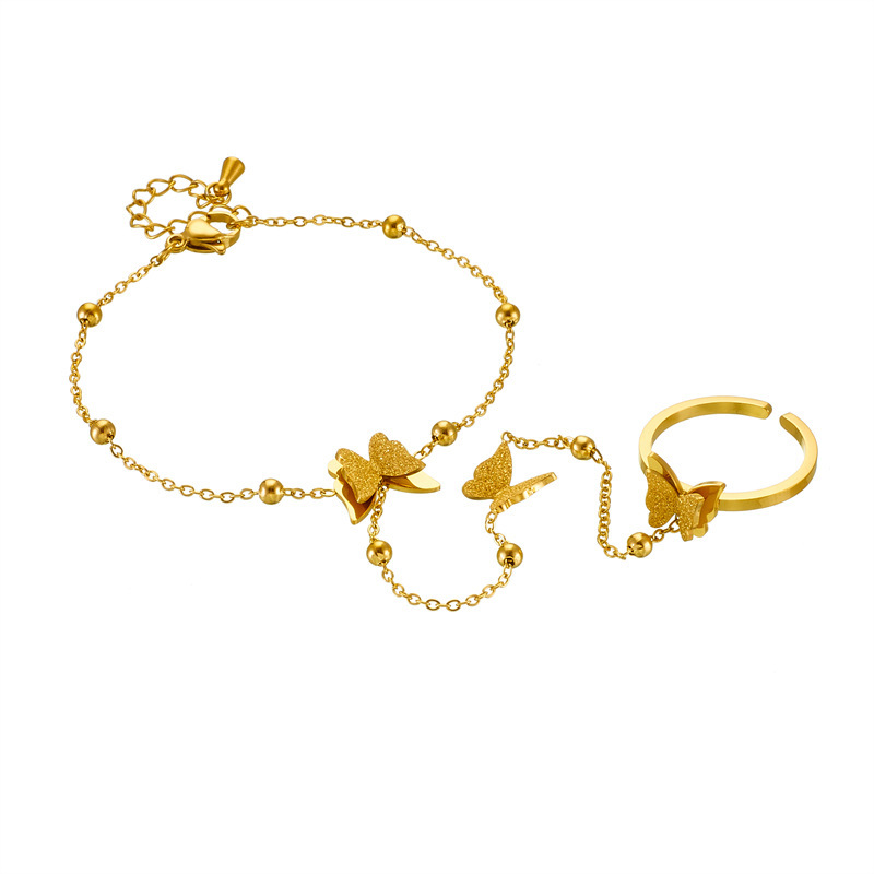 European and American style, simple and versatile, gold-plated stainless steel butterfly chain open ring and bracelet jewelry set