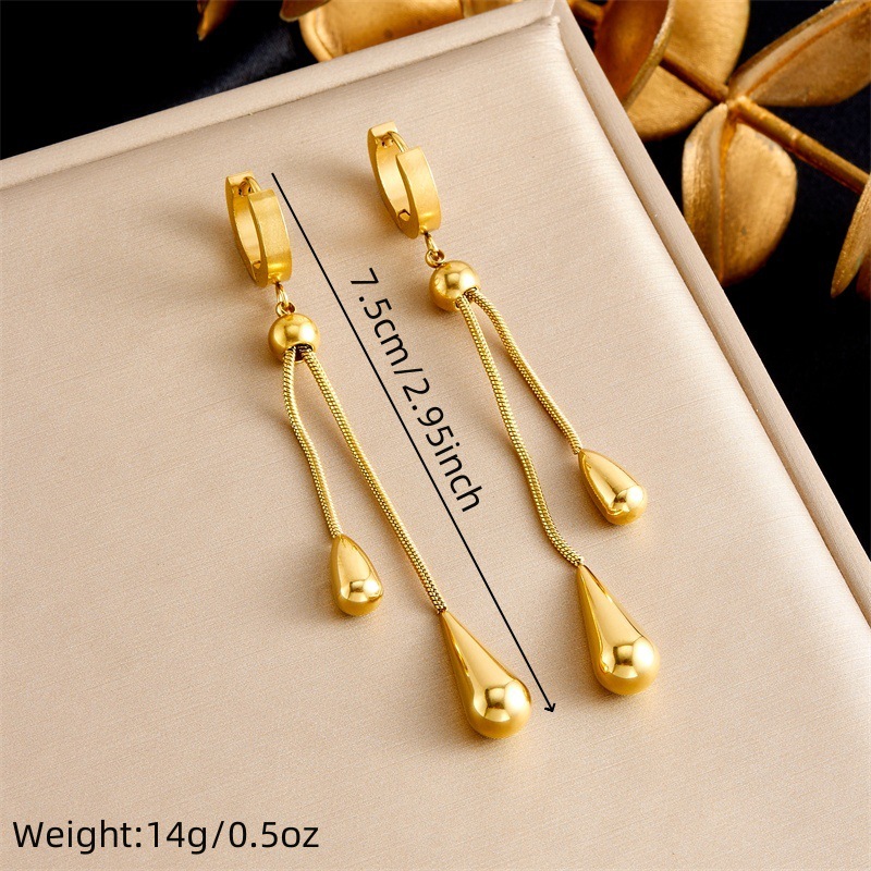 European and American style, simple, retro, high-end metal stainless steel teardrop-shaped pull-out chain earring and necklace set
