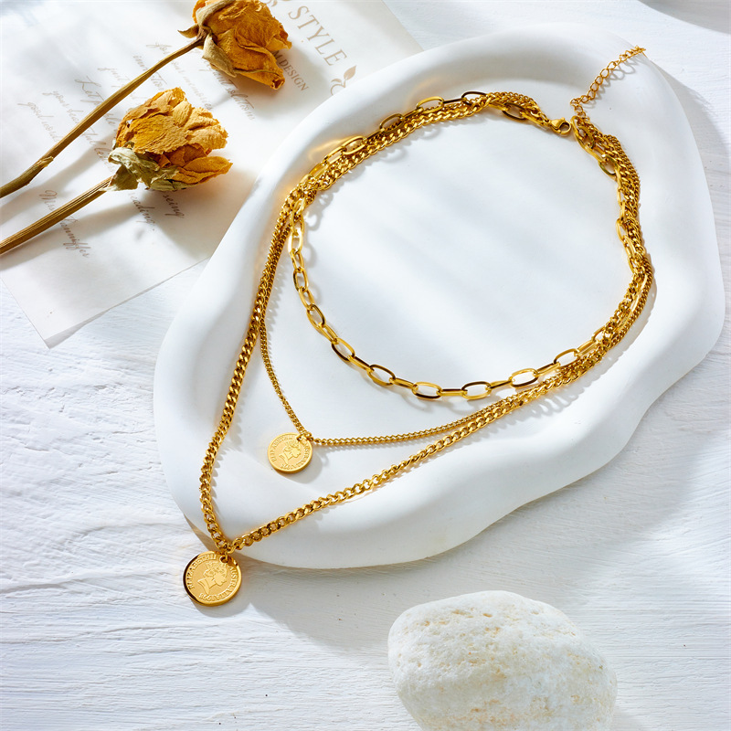 European and American fashion creative multi-layered chain metal coin round pendant titanium steel necklace