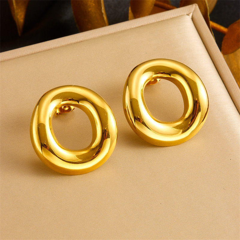 European and American style minimalist spiral rotating round geometric leaf flower stainless steel personalized polished earrings