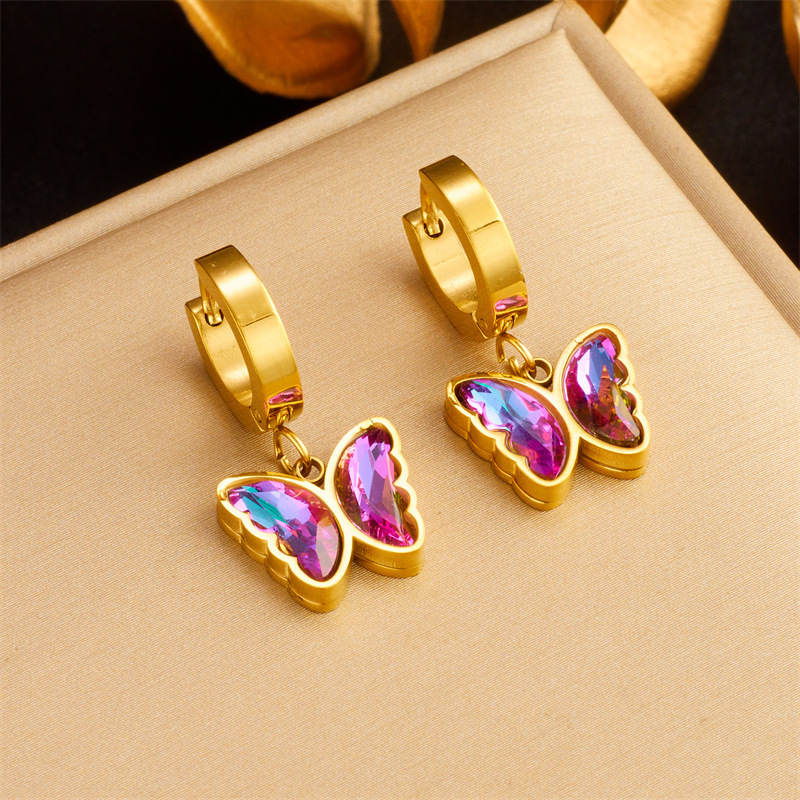 Trendy niche retro design, colorful purple rhinestone butterfly, gold-plated titanium steel pendant accessories earrings