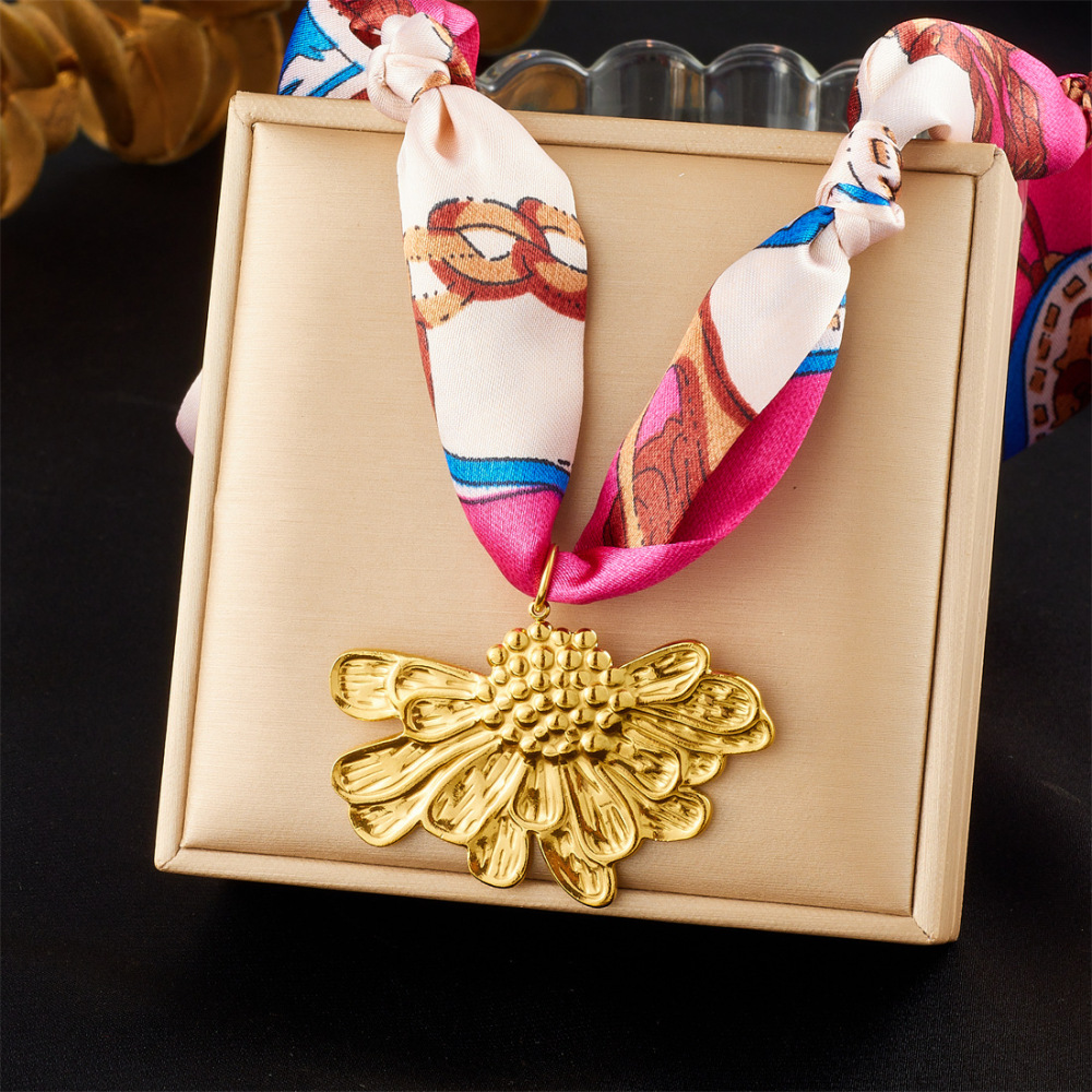 New cross-border colorful printed silk scarf ribbon knotted multi-element gold-plated stainless steel heart, moon and sun necklace