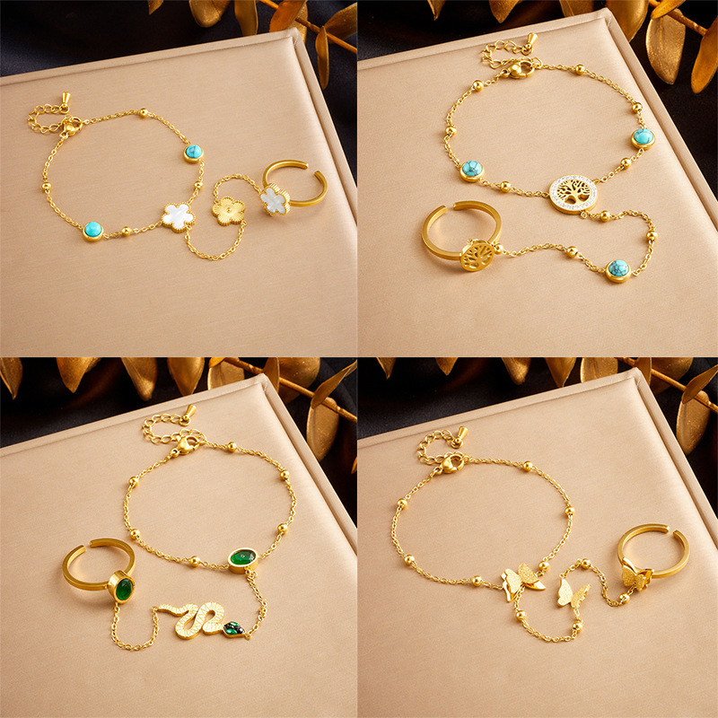 Cross-border fashion niche retro stainless steel round blue turquoise tree of life flower accessory decorative mitten bracelet