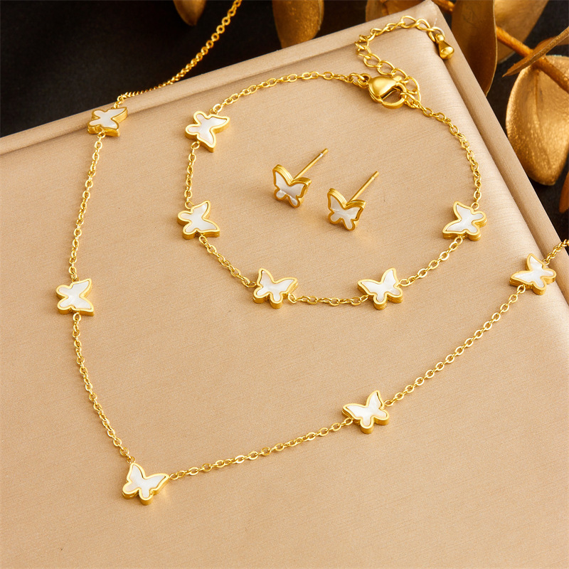 Fashionable retro round devil eyes blue turquoise flower heart accessory chain stainless steel jewelry three-piece set