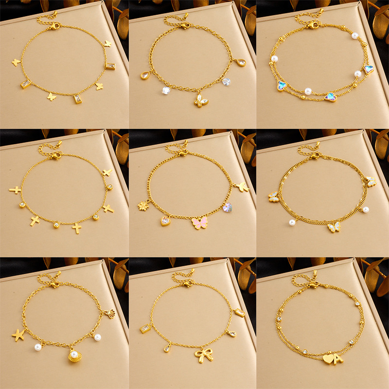 Cross-border fashion beach style versatile simple colorful geometric glass rhinestone butterfly heart accessory chain anklet