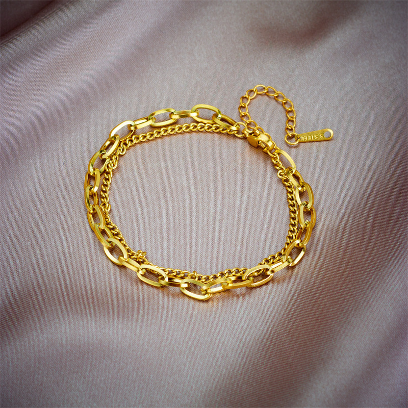 European and American minimalist fashion niche retro titanium steel metal double-layered hip-hop chain accessory bracelet