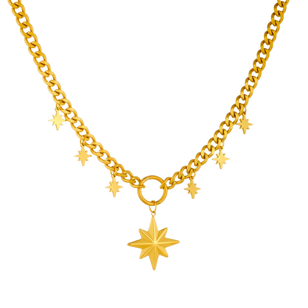 European and American unisex stainless steel chunky chain necklace with star, diamond-encrusted wings, sun pendant, sweater chain, jewelry wholesale.