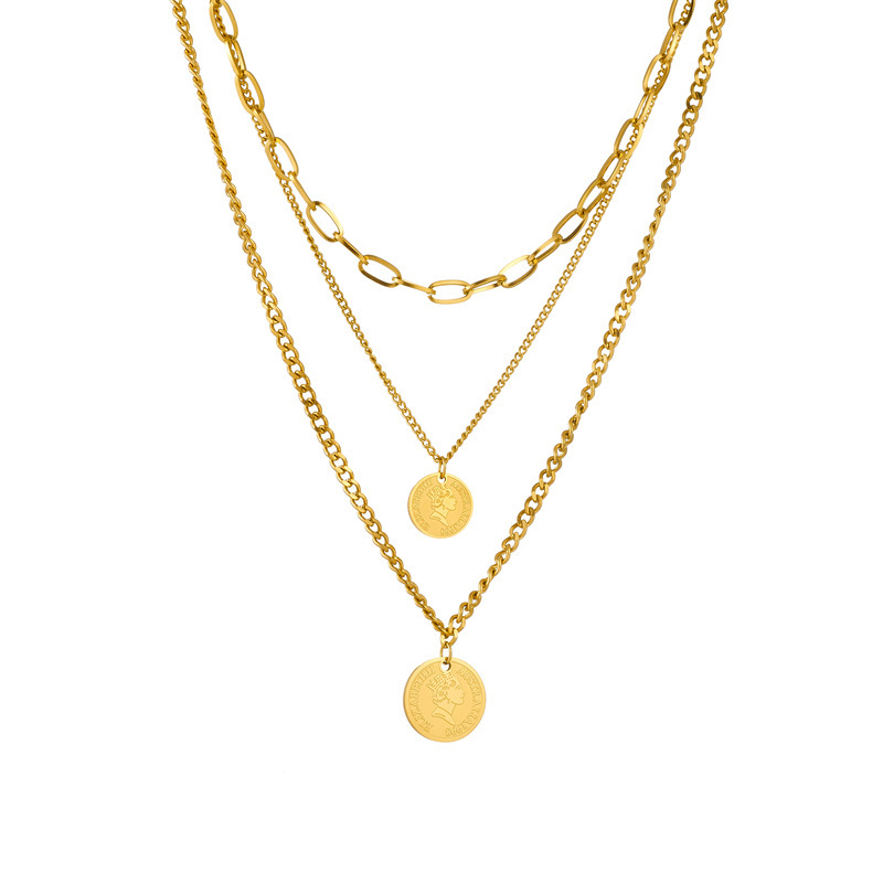 European and American fashion creative multi-layered chain metal coin round pendant titanium steel necklace