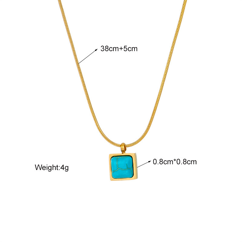 European and American cross-border fashion retro niche minimalist square turquoise pendant titanium steel spiral chain necklace