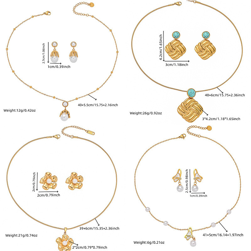 Cross-border fashion retro pearl flower geometric irregular necklace and earring set, unique stainless steel jewelry