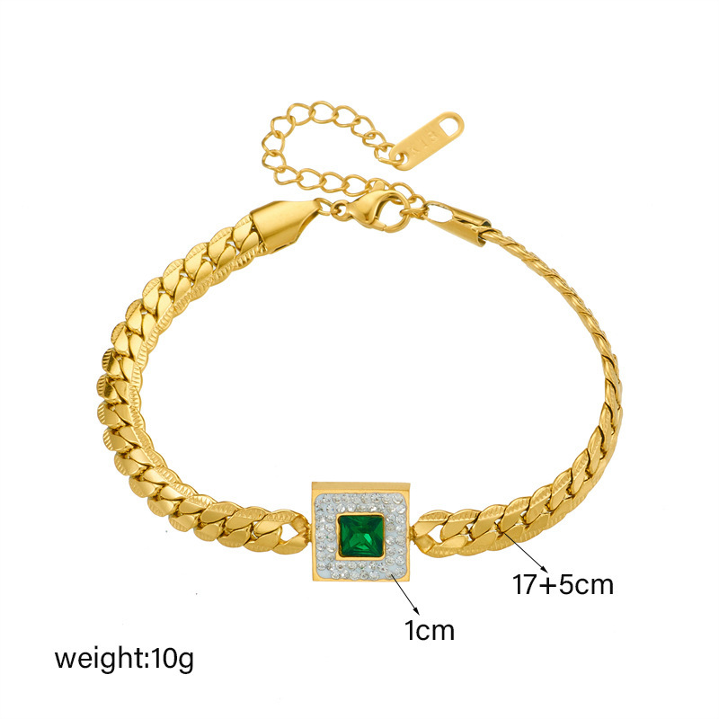 Fashionable, niche, retro, light luxury, simple diamond-encrusted emerald square pendant necklace and bracelet jewelry set