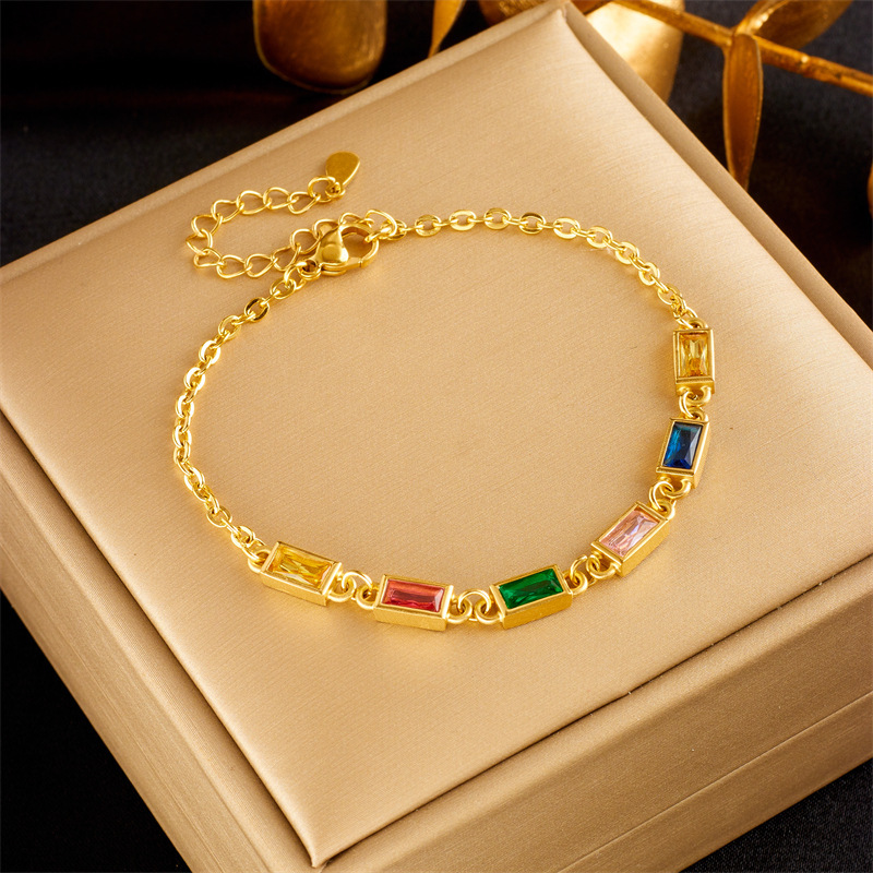 European and American style, simple and unique retro colorful long chain with rhinestones, titanium steel jewelry, high-end and versatile bracelet.