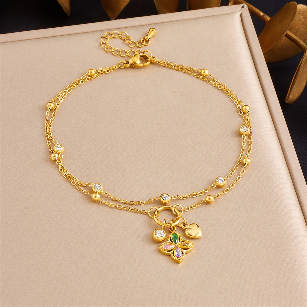 Korean style fashionable double-layer chain diamond-encrusted cherry starfish flower star moon pendant stainless steel anklet for women