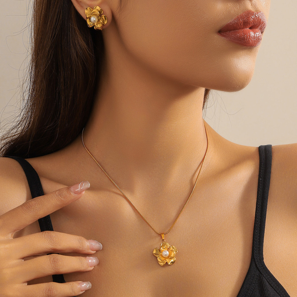 Cross-border fashion retro pearl flower geometric irregular necklace and earring set, unique stainless steel jewelry