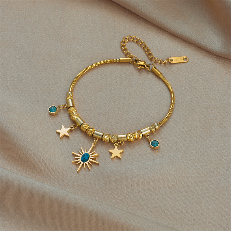New European and American cross-border style titanium steel non-fading geometric blue turquoise oval sun and star pendant jewelry bracelet