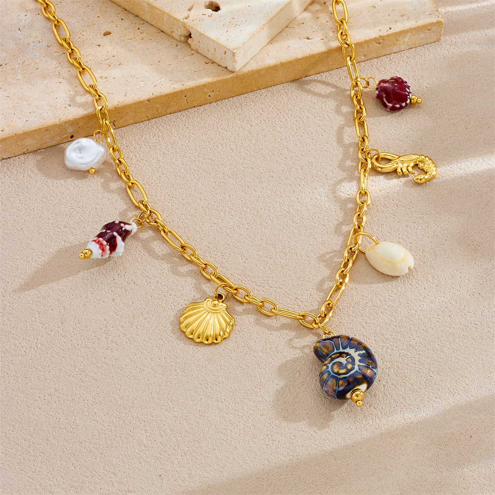 European and American cross-border fashion vacation high-end multi-element marine life pendant seashell starfish sun stainless steel necklace