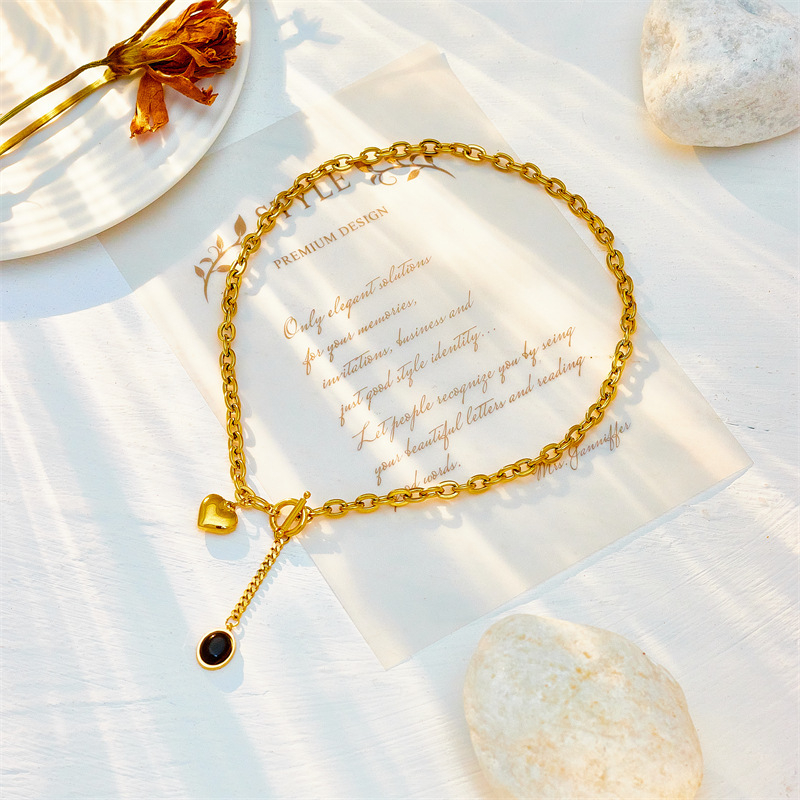 European and American style chunky metal chain titanium steel oval tassel pendant heart OT buckle creative minimalist fashion heavy-duty necklace