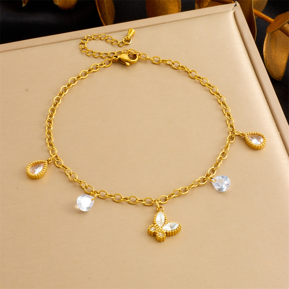 Cross-border fashion beach style versatile simple colorful geometric glass rhinestone butterfly heart accessory chain anklet
