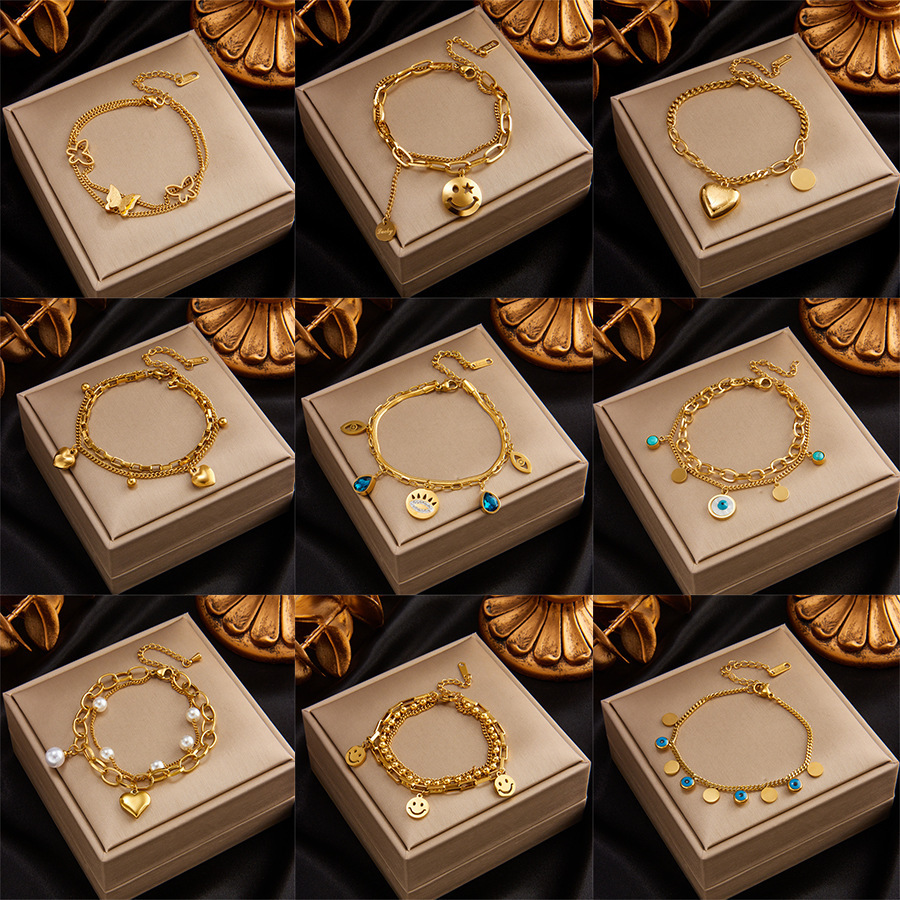 European and American style niche minimalist multi-layer chain heart circle smiley face butterfly eye pendant titanium steel bracelet
