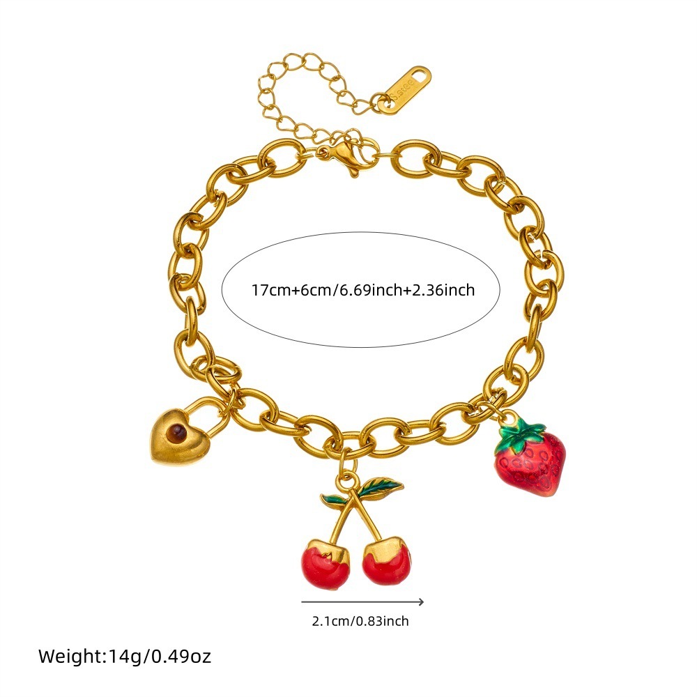Sweet and natural cherry heart lock pendant for women, versatile and high-end stainless steel gold-plated bracelet, perfect for summer.