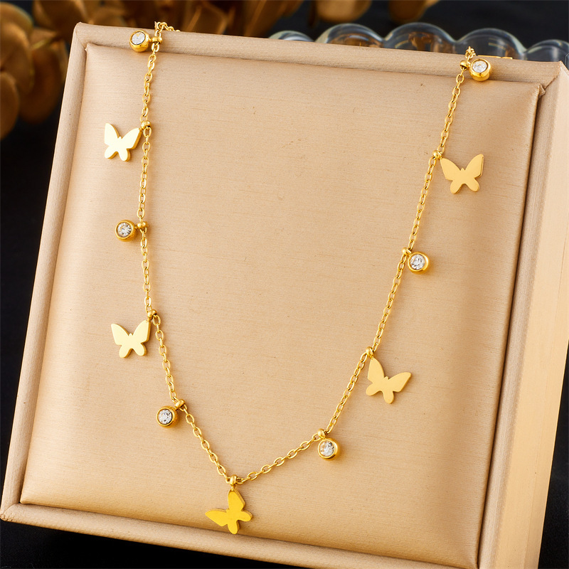 Stylish Commuter-Friendly Minimalist Gold-Plated Stainless Steel Butterfly Round Lightning Crown Eye Pendant Chain Jewelry Set