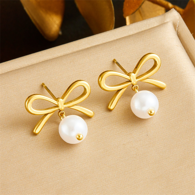 Korean style fashionable cross-border new stainless steel gold-plated pearl bow earrings chain tassel necklace jewelry set