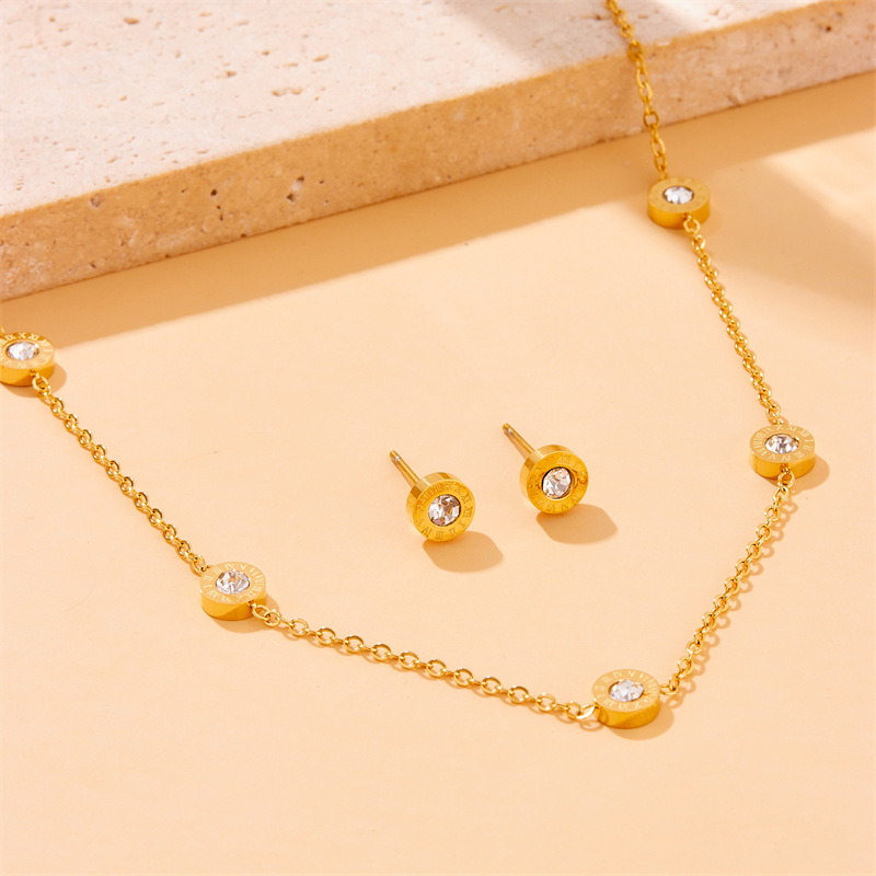 European and American cross-border diamond-encrusted Roman numeral round plaque accessories chain stainless steel gold-plated necklace earring bracelet set