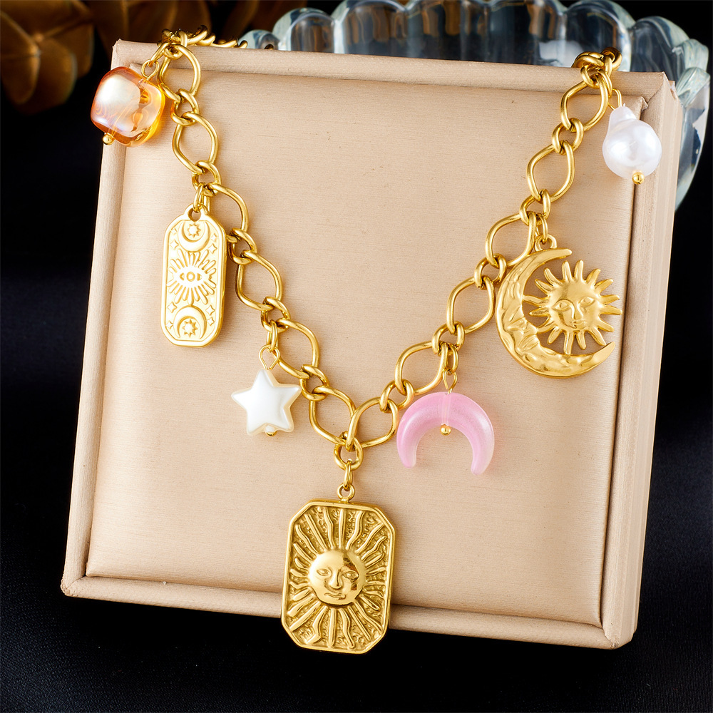 Cross-border popular multi-element accessory pendant stainless steel metal marine life flower dripping moon sun necklace