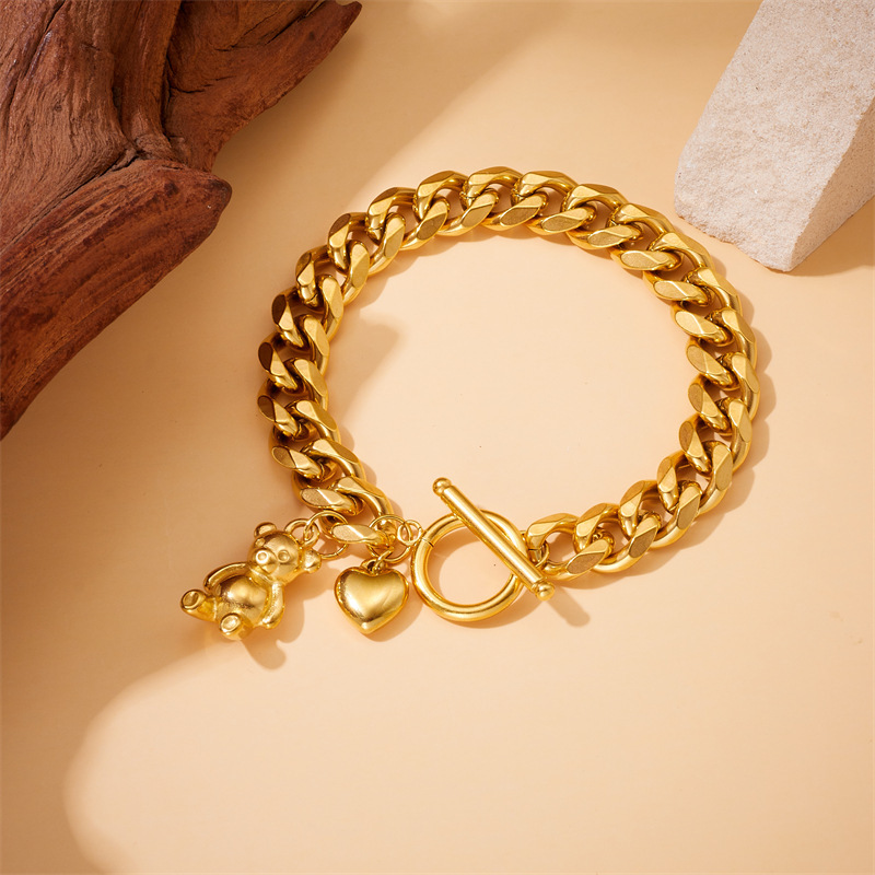 European and American style creative gold-plated stainless steel chain bear heart pendant OT buckle accessory bracelet