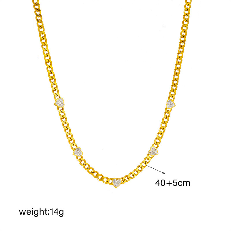 European and American style, high-end, minimalist, diamond-encrusted heart-shaped chunky chain necklace, simple and niche titanium steel metal necklace.