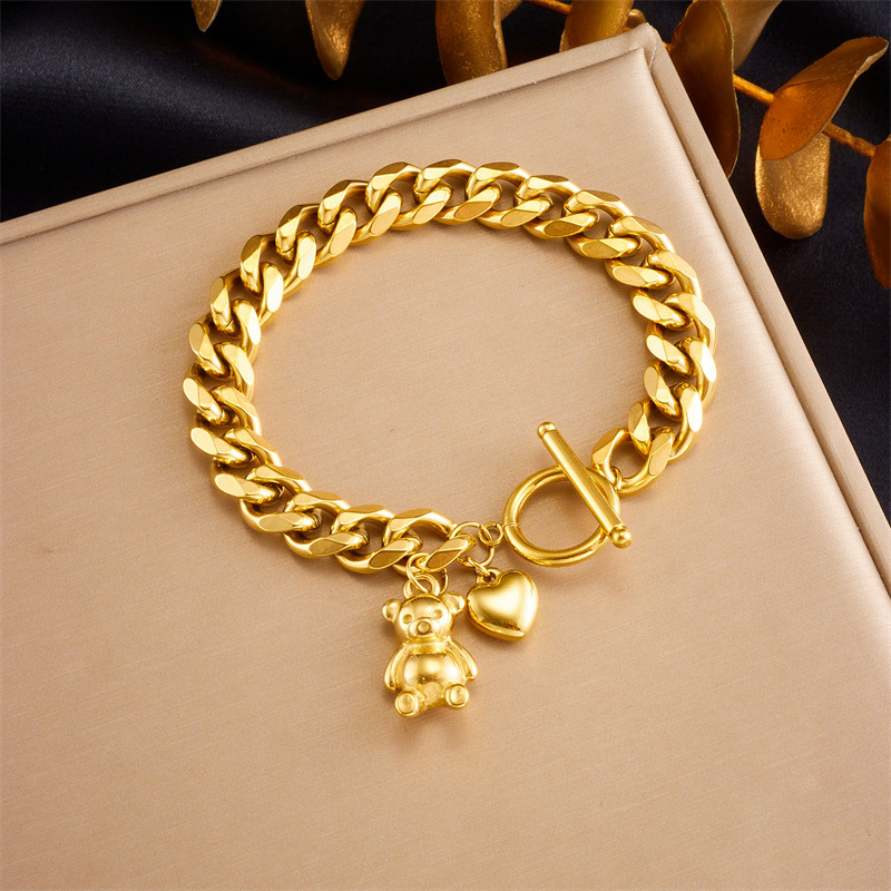 European and American style creative gold-plated stainless steel chain bear heart pendant OT buckle accessory bracelet