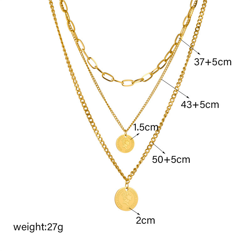 European and American fashion creative multi-layered chain metal coin round pendant titanium steel necklace