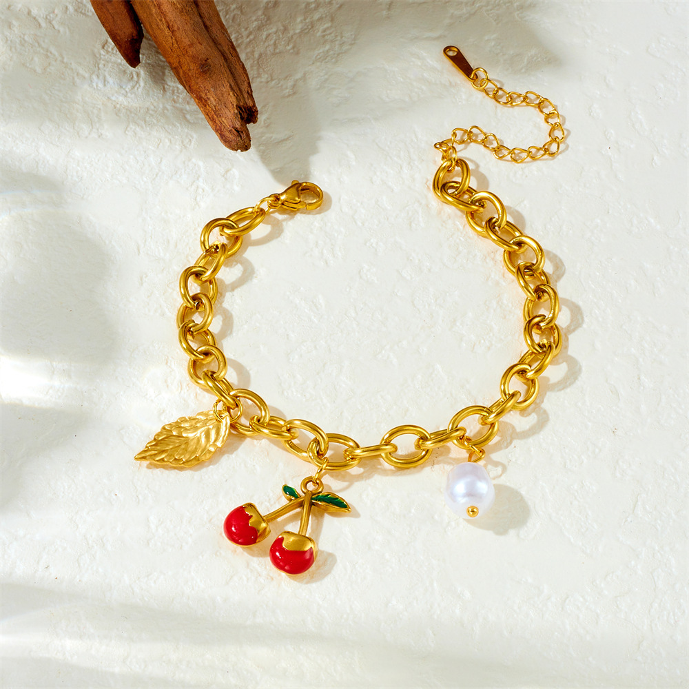 Korean style, new DIY fruit leaf pearl pendant stainless steel chunky chain bracelet