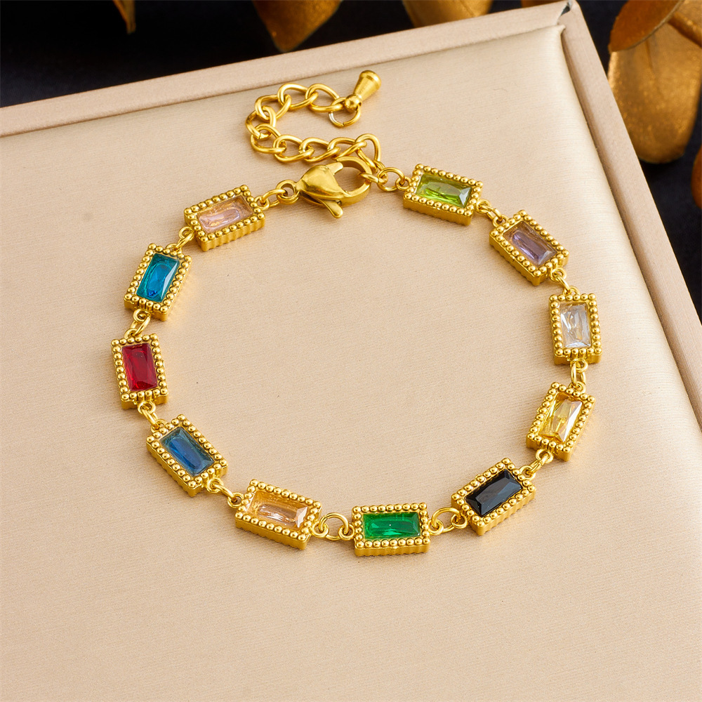 Cross-border fashion micro-painted geometric colored gemstone chain bracelet oval teardrop square women's stainless steel jewelry