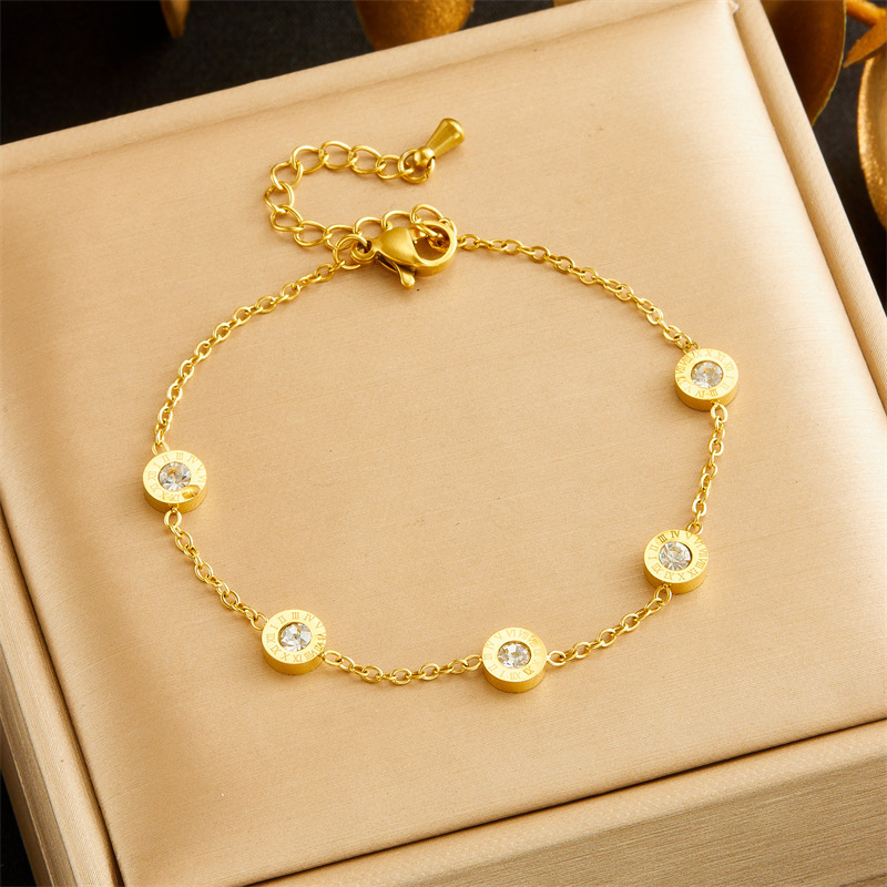 European and American cross-border diamond-encrusted Roman numeral round plaque accessories chain stainless steel gold-plated necklace earring bracelet set