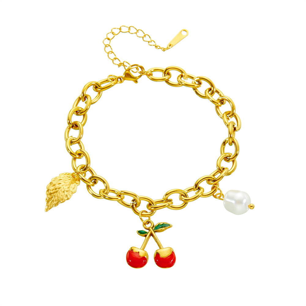 Korean style, new DIY fruit leaf pearl pendant stainless steel chunky chain bracelet