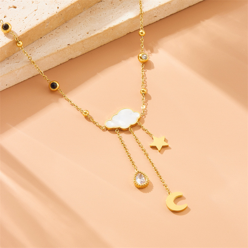 Korean style white shell cloud star moon long tassel teardrop niche fashion stainless steel jewelry necklace