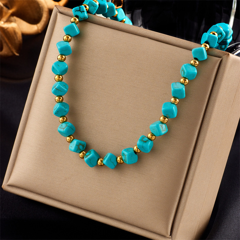 New European and American cross-border creative retro niche design turquoise titanium steel beaded braided necklace