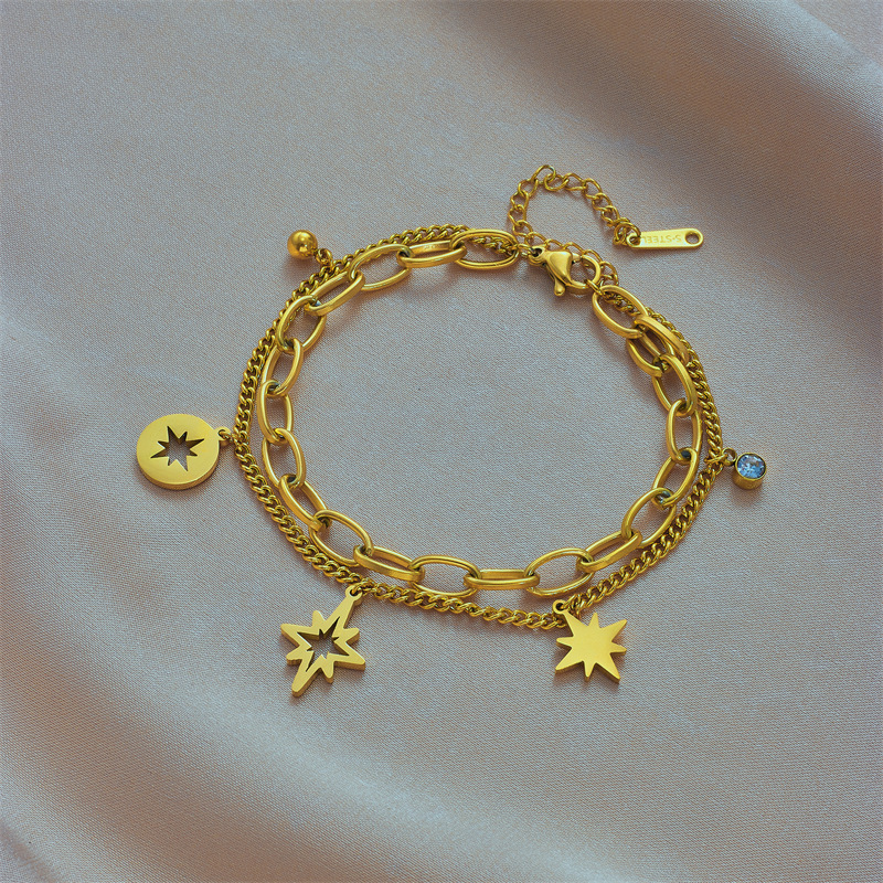 Fashionable niche European and American high-end cross-border retro design hollowed-out six-pointed star rhinestone double-layer chain titanium steel bracelet