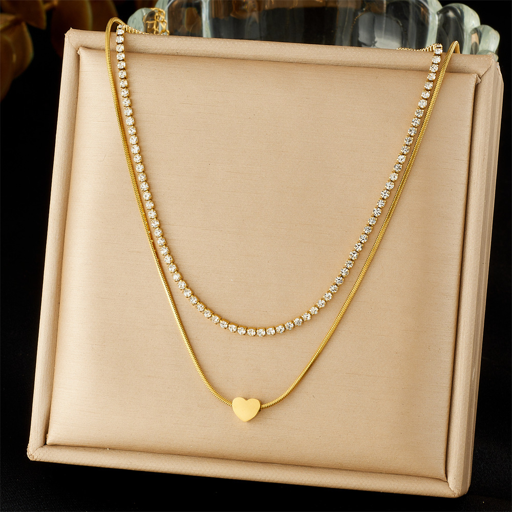 Korean-style fashionable and simple commuter-appropriate round heart-shaped pendant accessory double-layer stainless steel full diamond necklace