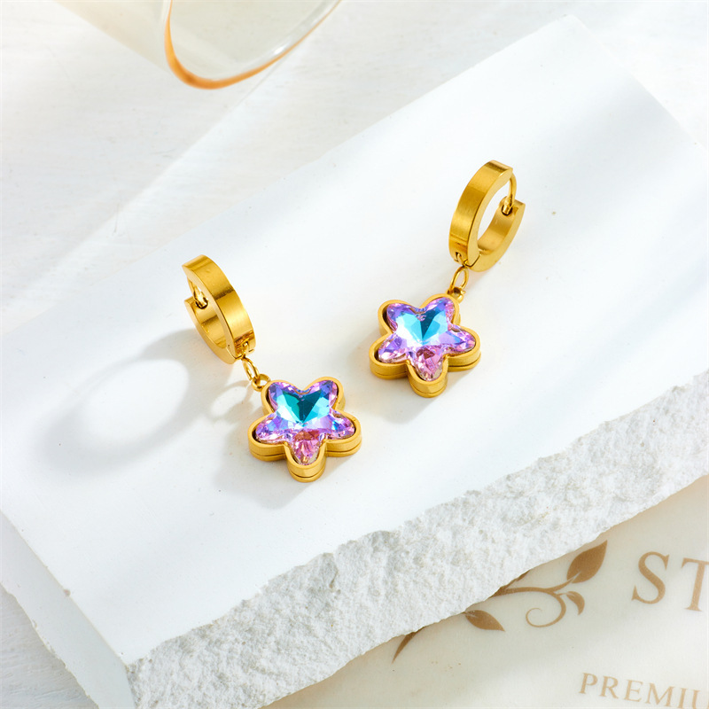 Trendy niche retro design, colorful purple rhinestone butterfly, gold-plated titanium steel pendant accessories earrings