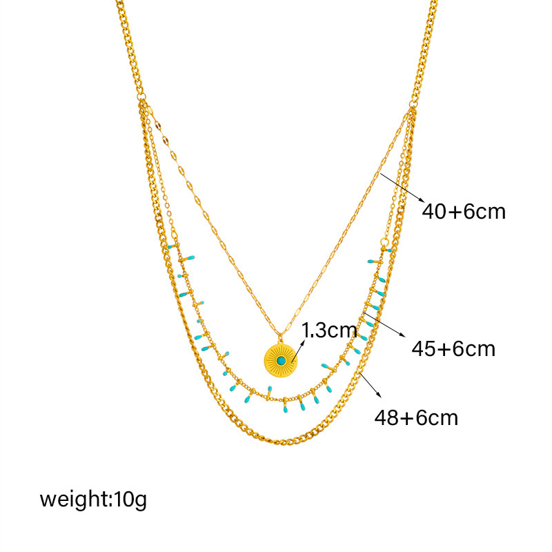 European and American style retro high-end ethnic style multi-layered blue turquoise round pendant metal jewelry titanium steel necklace