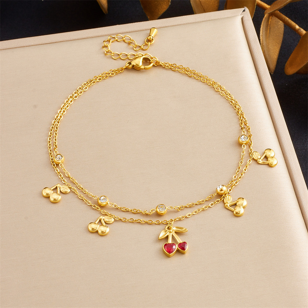 Korean style fashionable double-layer chain diamond-encrusted cherry starfish flower star moon pendant stainless steel anklet for women