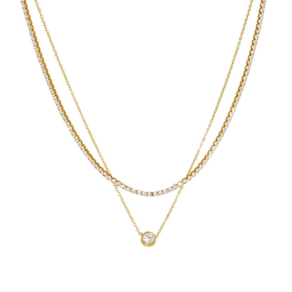 Korean-style fashionable and simple commuter-appropriate round heart-shaped pendant accessory double-layer stainless steel full diamond necklace