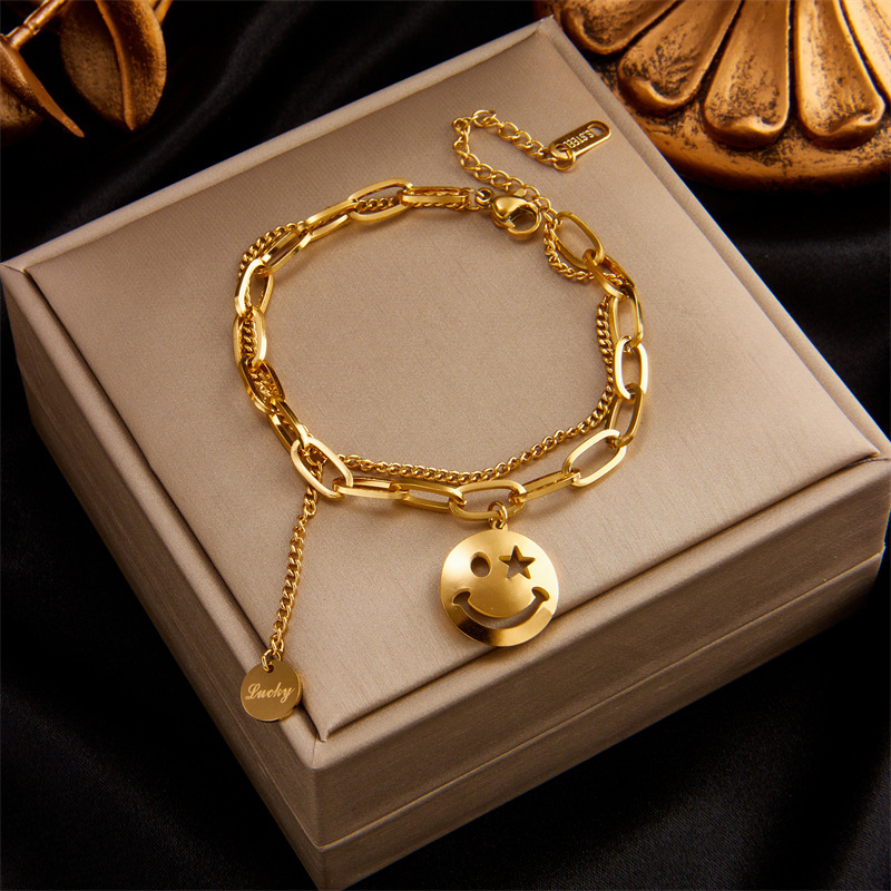 European and American style niche minimalist multi-layer chain heart circle smiley face butterfly eye pendant titanium steel bracelet