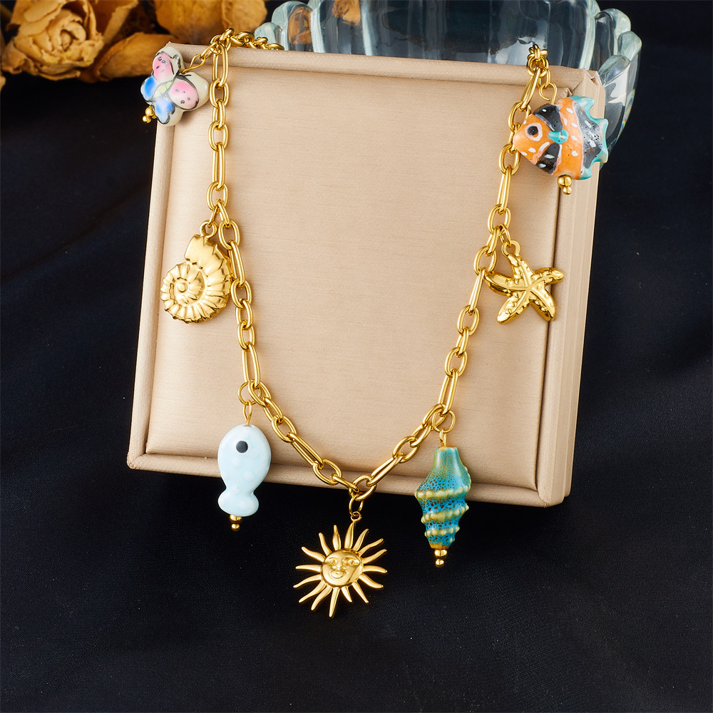 European and American cross-border fashion vacation high-end multi-element marine life pendant seashell starfish sun stainless steel necklace