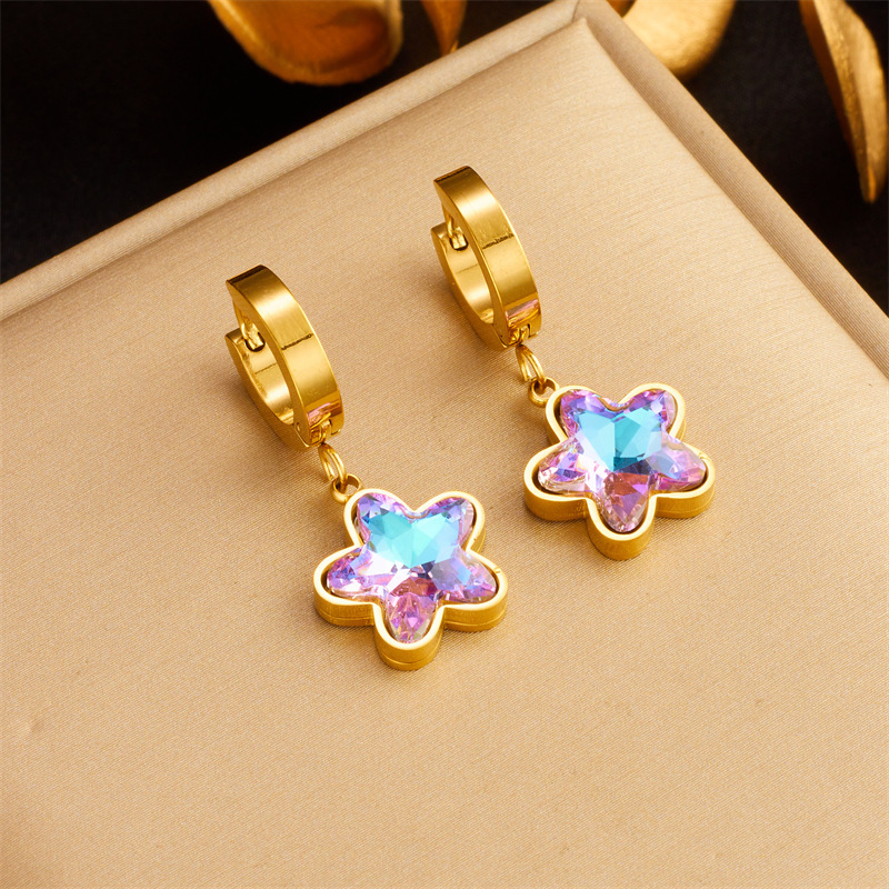 Trendy niche retro design, colorful purple rhinestone butterfly, gold-plated titanium steel pendant accessories earrings